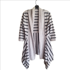 Kokun Cashmere Open Front Water Fall Cardigan Striped Grey Black Size Small